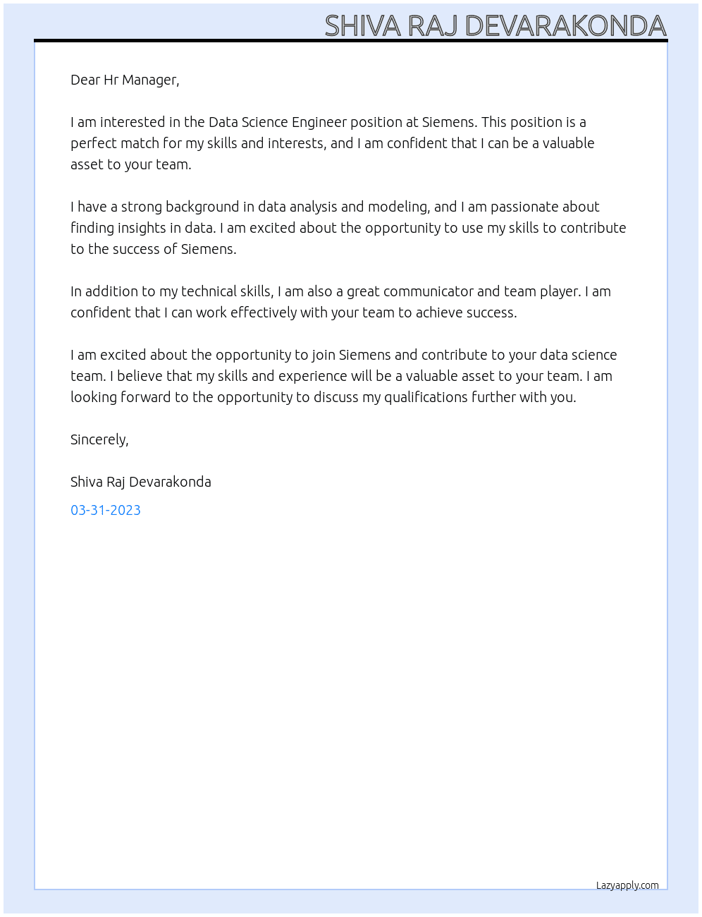 Data Science Engineer At Siemens Cover Letter