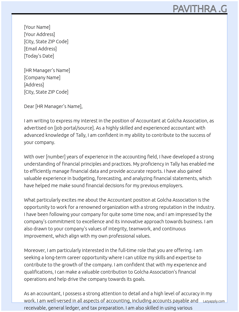 Accountant  At Golcha association  Cover Letter