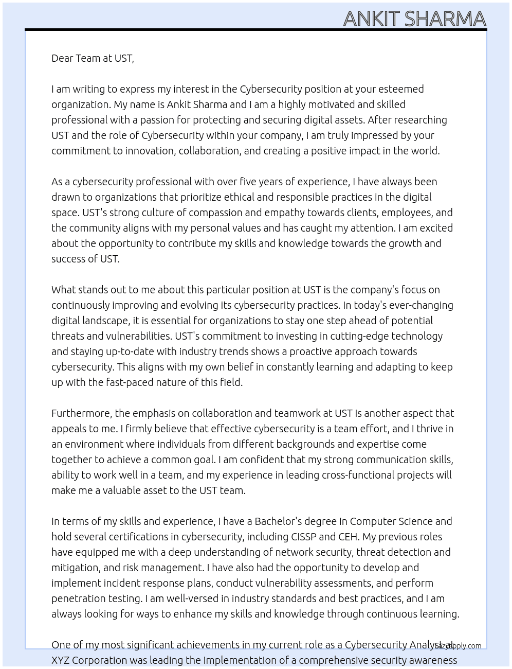 Cybersecurity  At UST Cover Letter