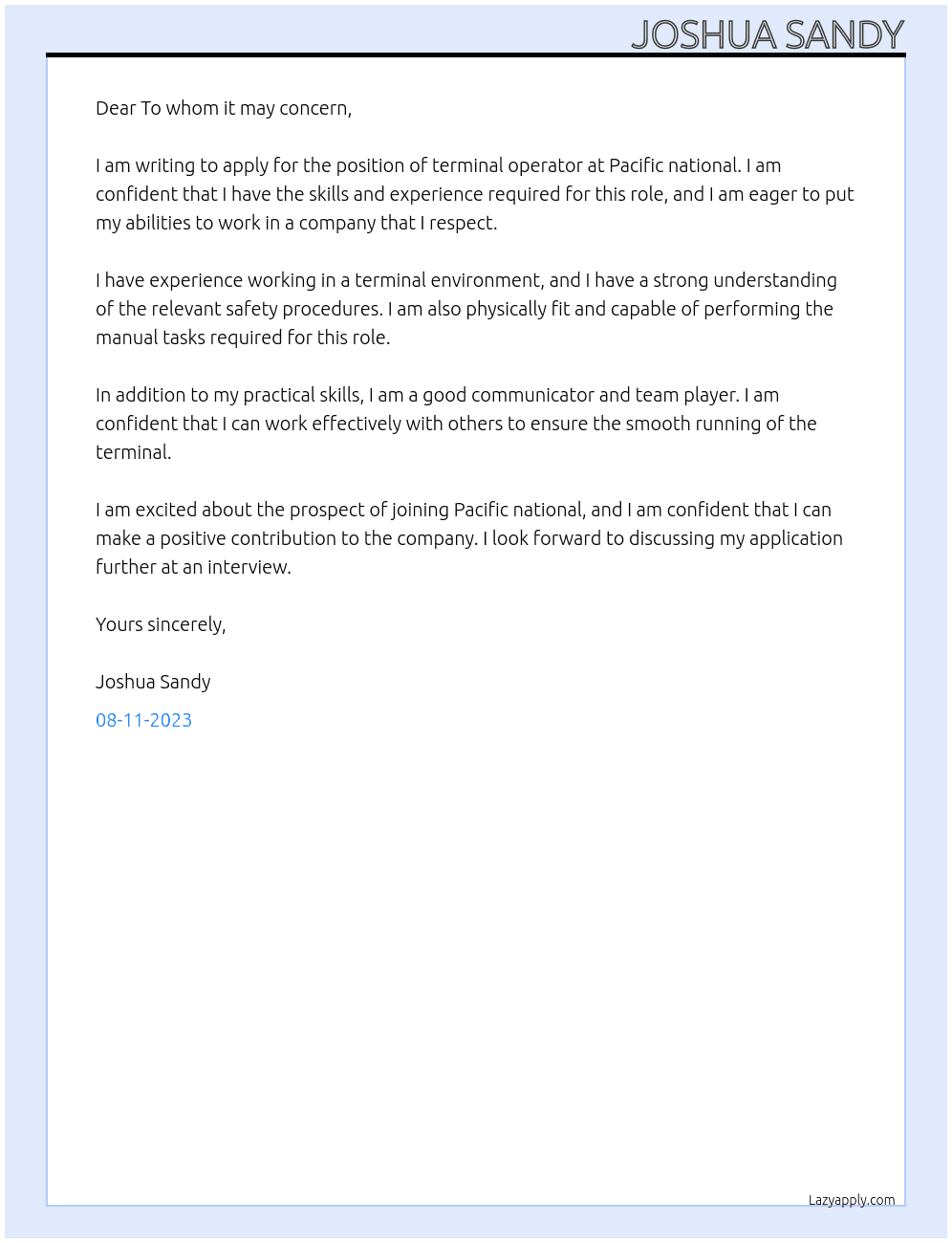 Terminal operater  At Pacific national Cover Letter