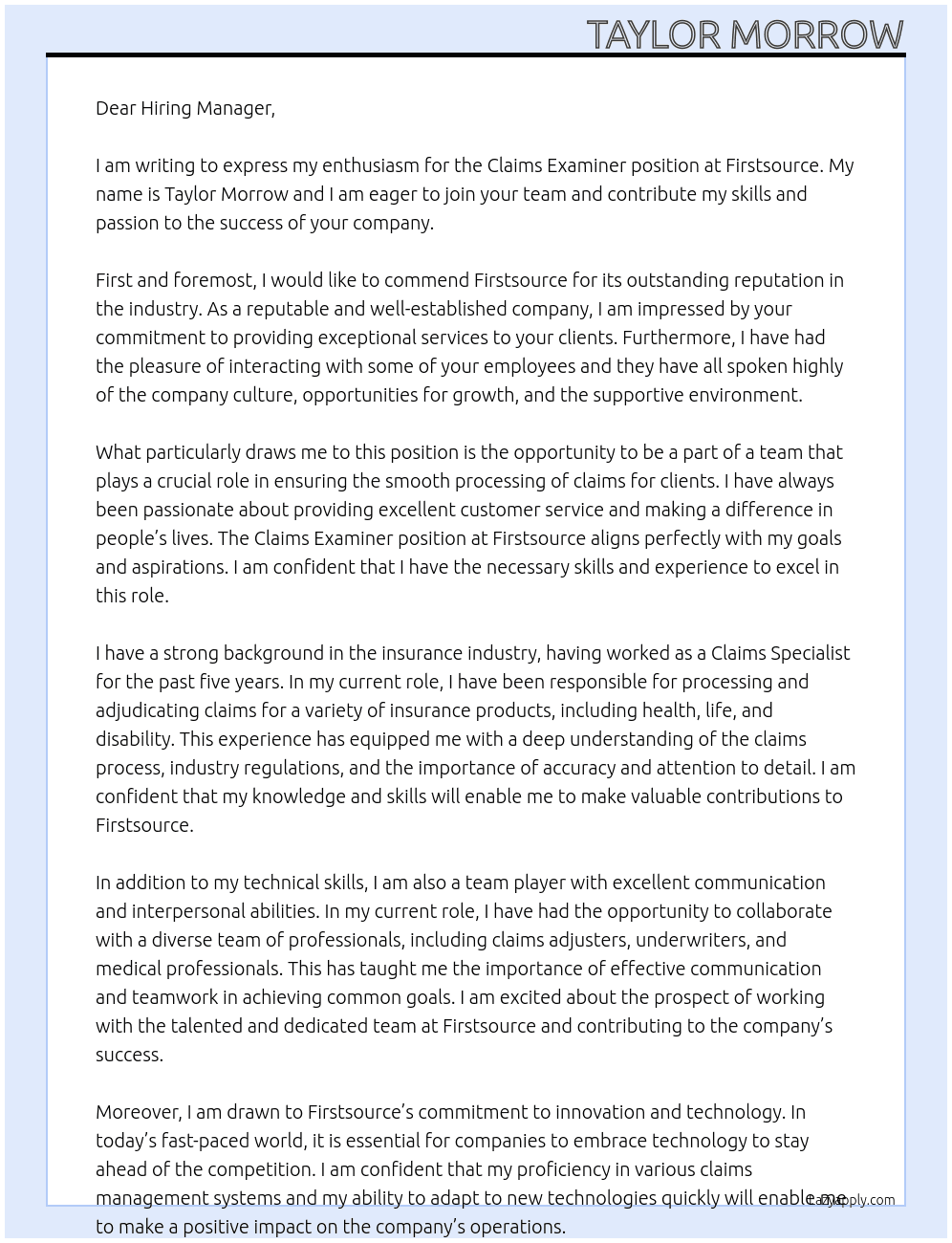 Claims Examiner At Firstsource Cover Letter