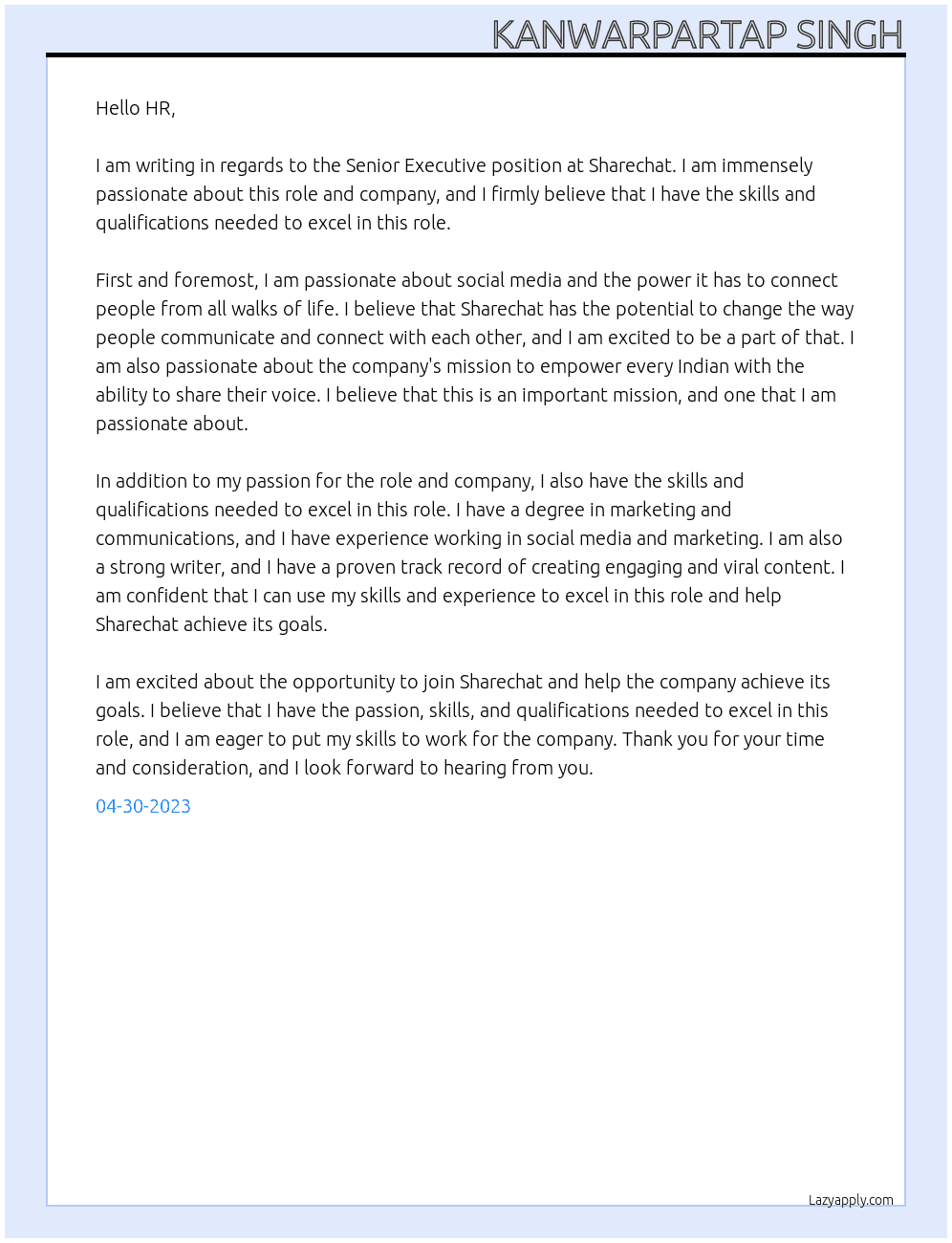 Senior Executive At Sharechat Cover Letter