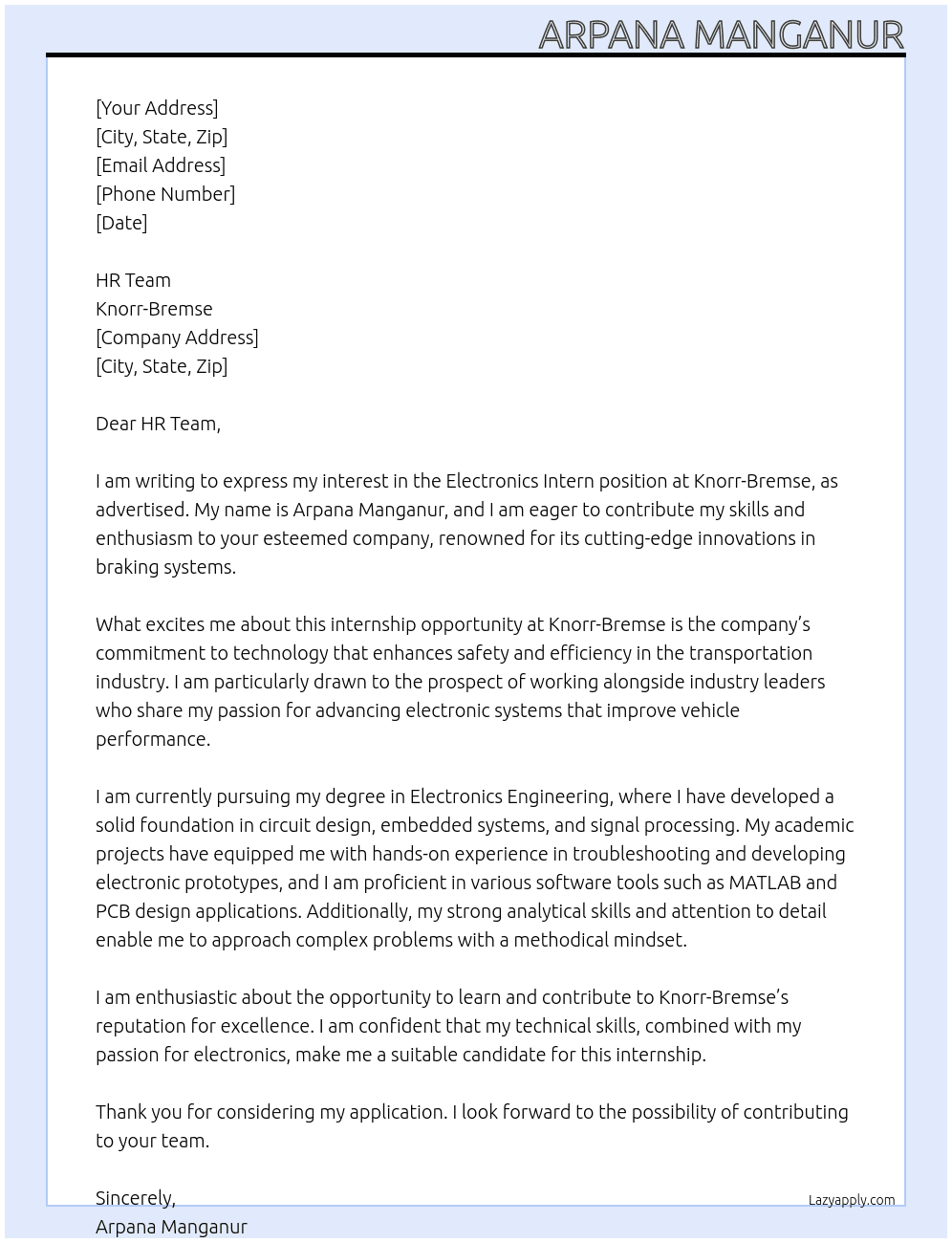 Cover letter for intern electronics - LazyApply