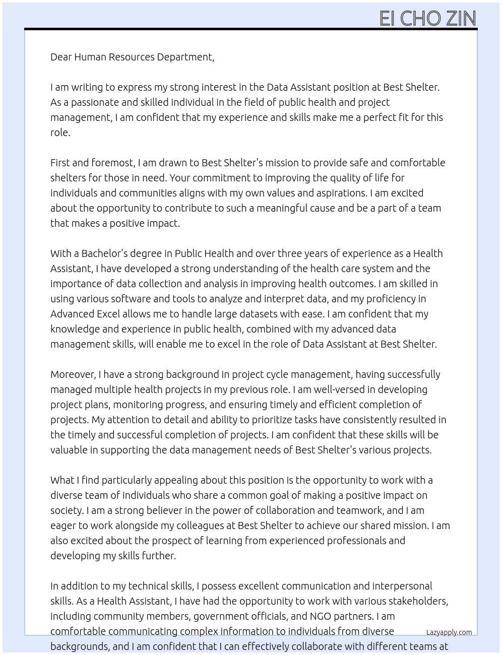 data assistant At Best Shelter Cover Letter