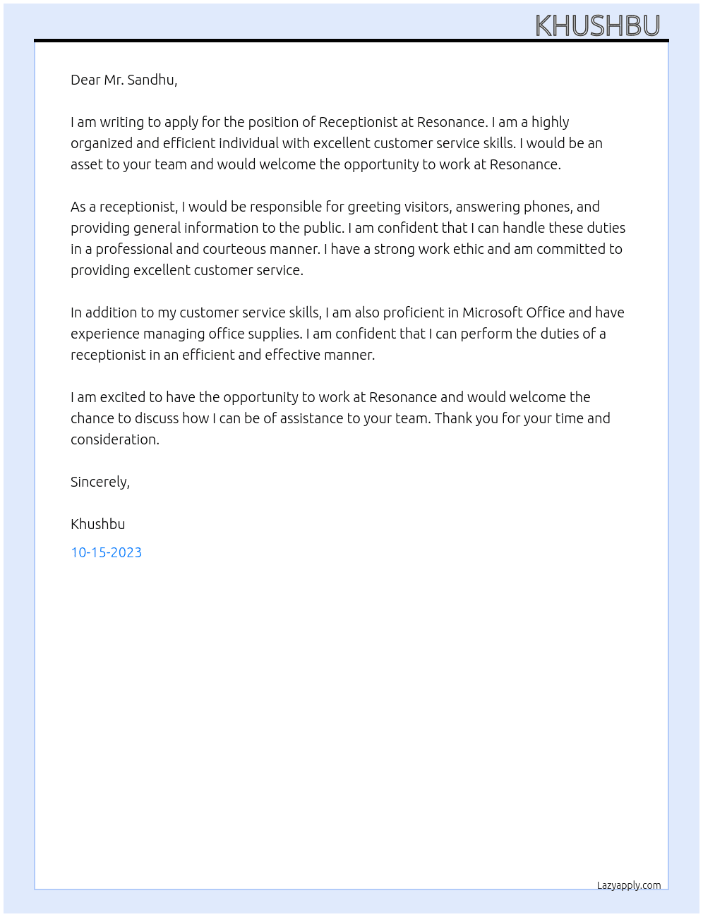 Receptionist  At Resonance  Cover Letter