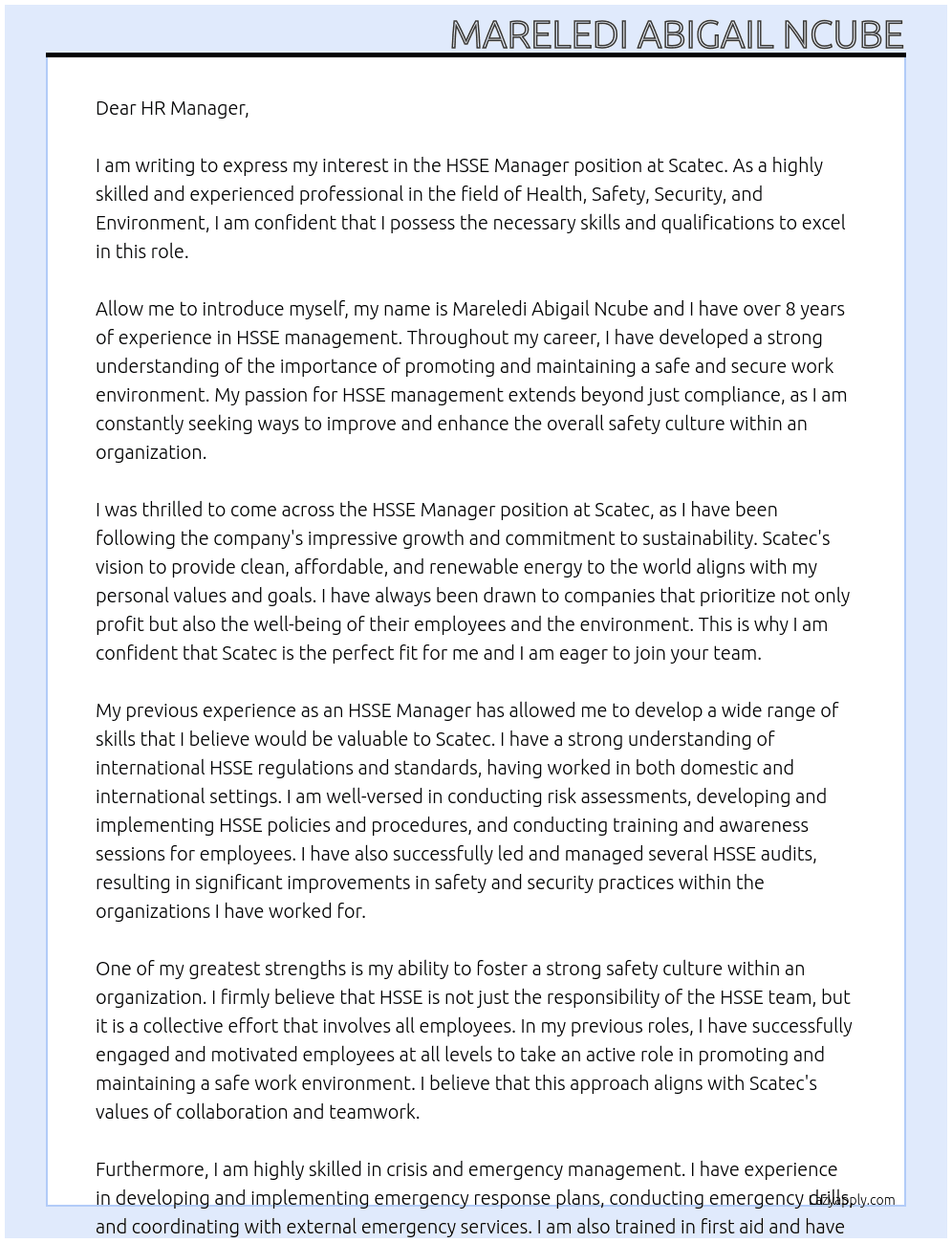 HSSE Manager At Scatec Cover Letter