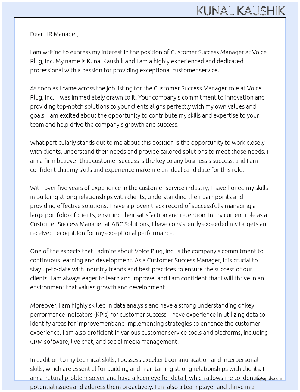 Customer Success Manager At voice plug, inc. Cover Letter