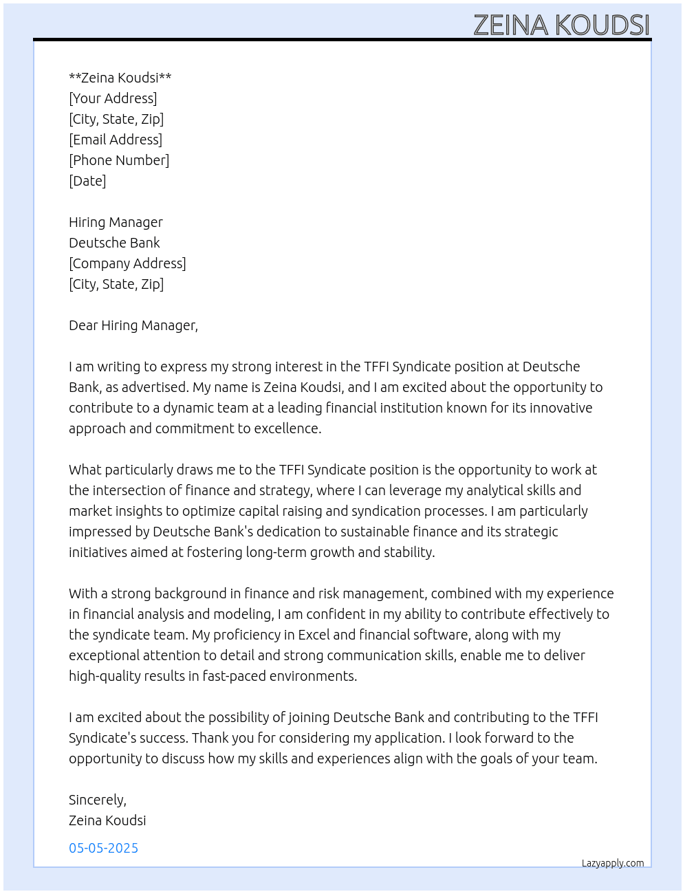 TFFI Syndicate  At Deutsche Bank Cover Letter