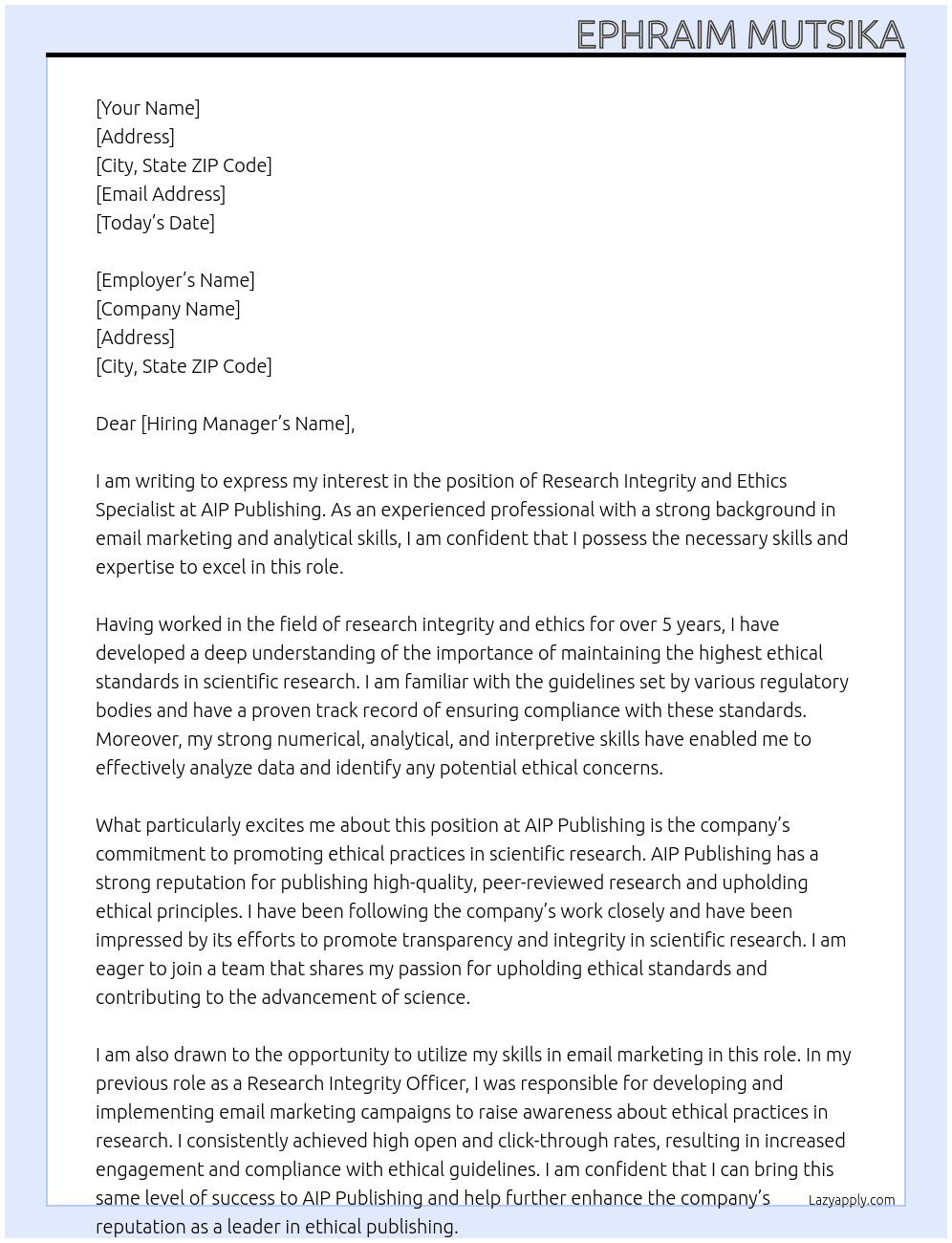 Research Integrity and Ethics Specialist  At AIP Publishing  Cover Letter