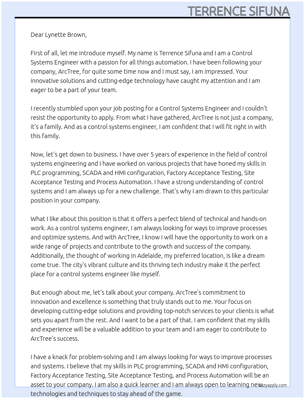Control Systems Engineer At ArcTree Cover Letter