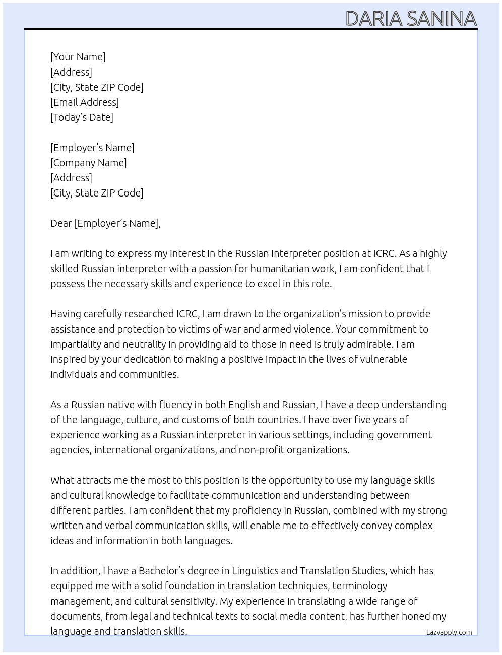 Cover letter for russian interpretor - LazyApply