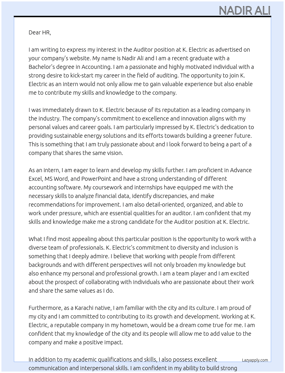 Auditor At K. Electric Cover Letter