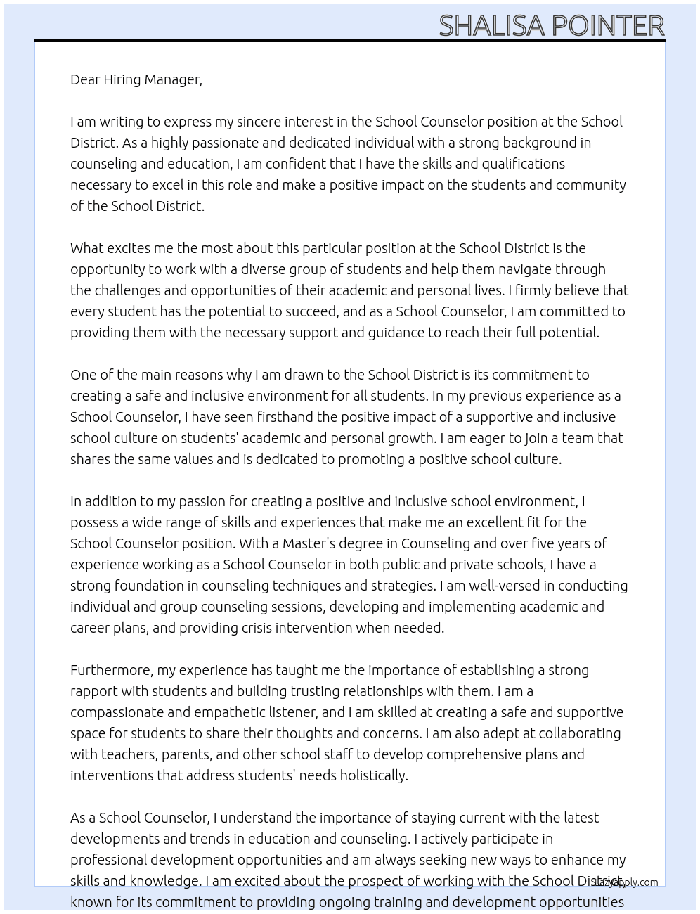 School Counselor At School District Cover Letter