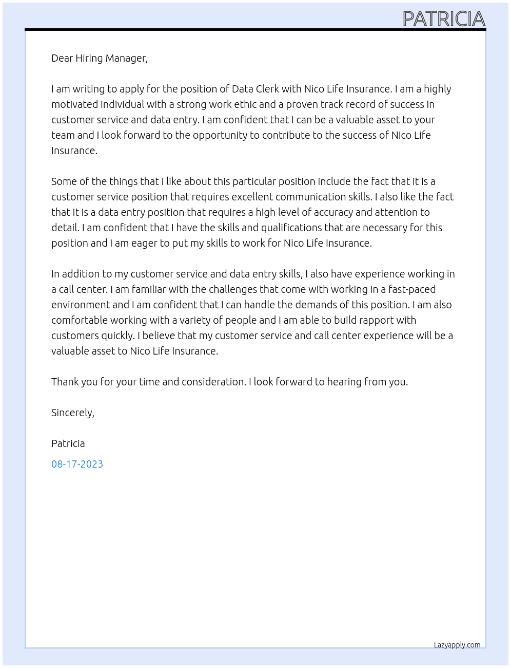 DATA CLERK WITH ONLY CALL CENTER EXPERIENCE At NICO LIFE INSURANCE Cover Letter