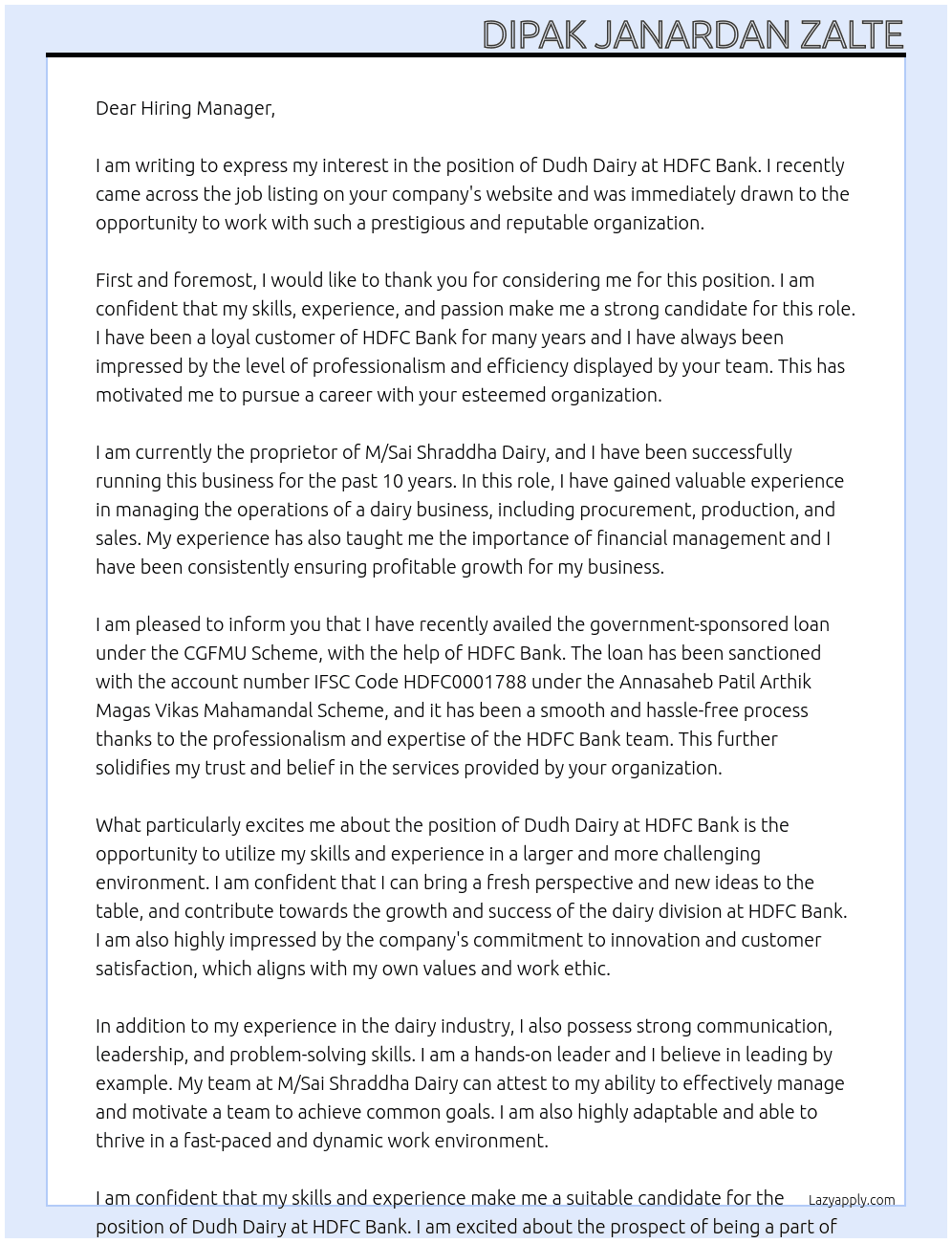 Dudh dairy At H D F C Bank  Cover Letter