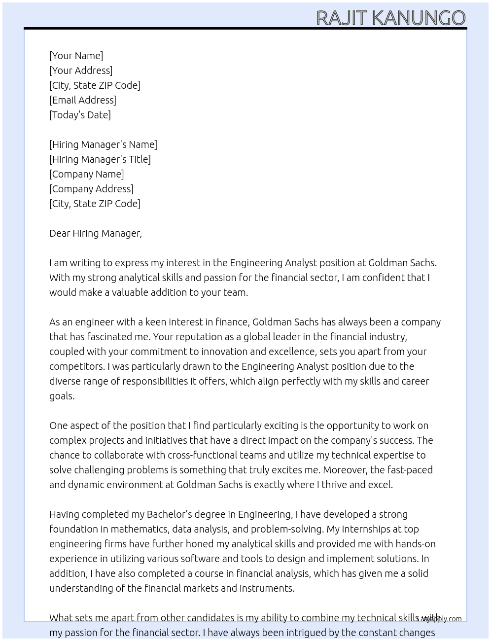 Cover letter for engineering analysist - LazyApply