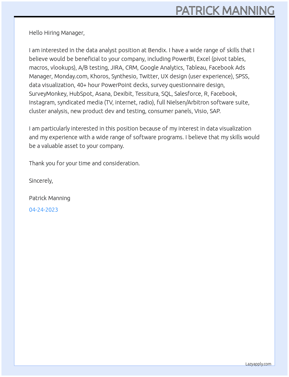 Data Analyst At Bendix Cover Letter