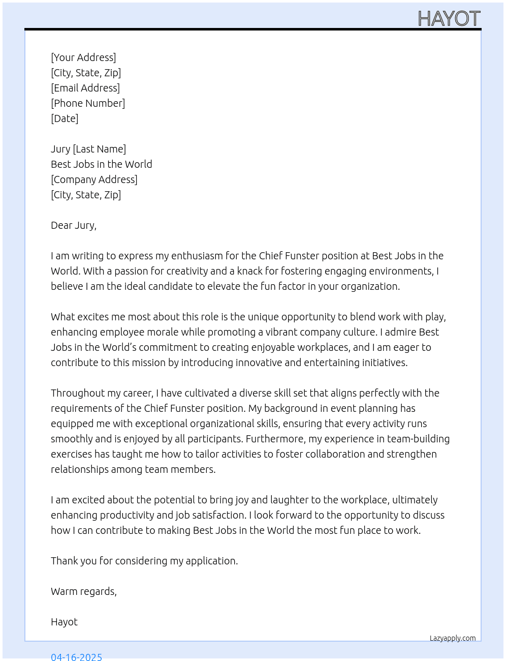 chief funster At best jobs in the world Cover Letter