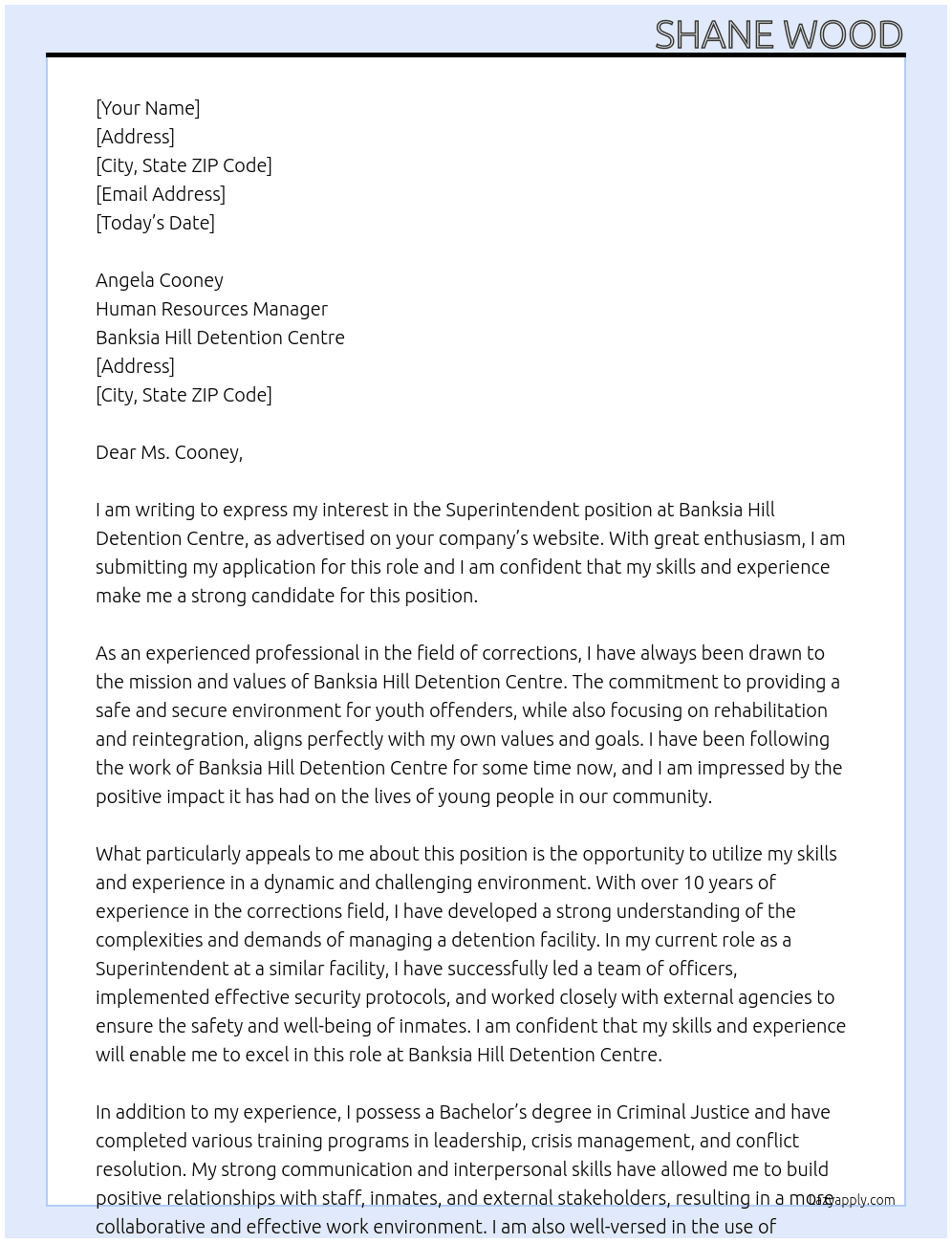 Superintendent At Banksia Hill Detention Centre Cover Letter