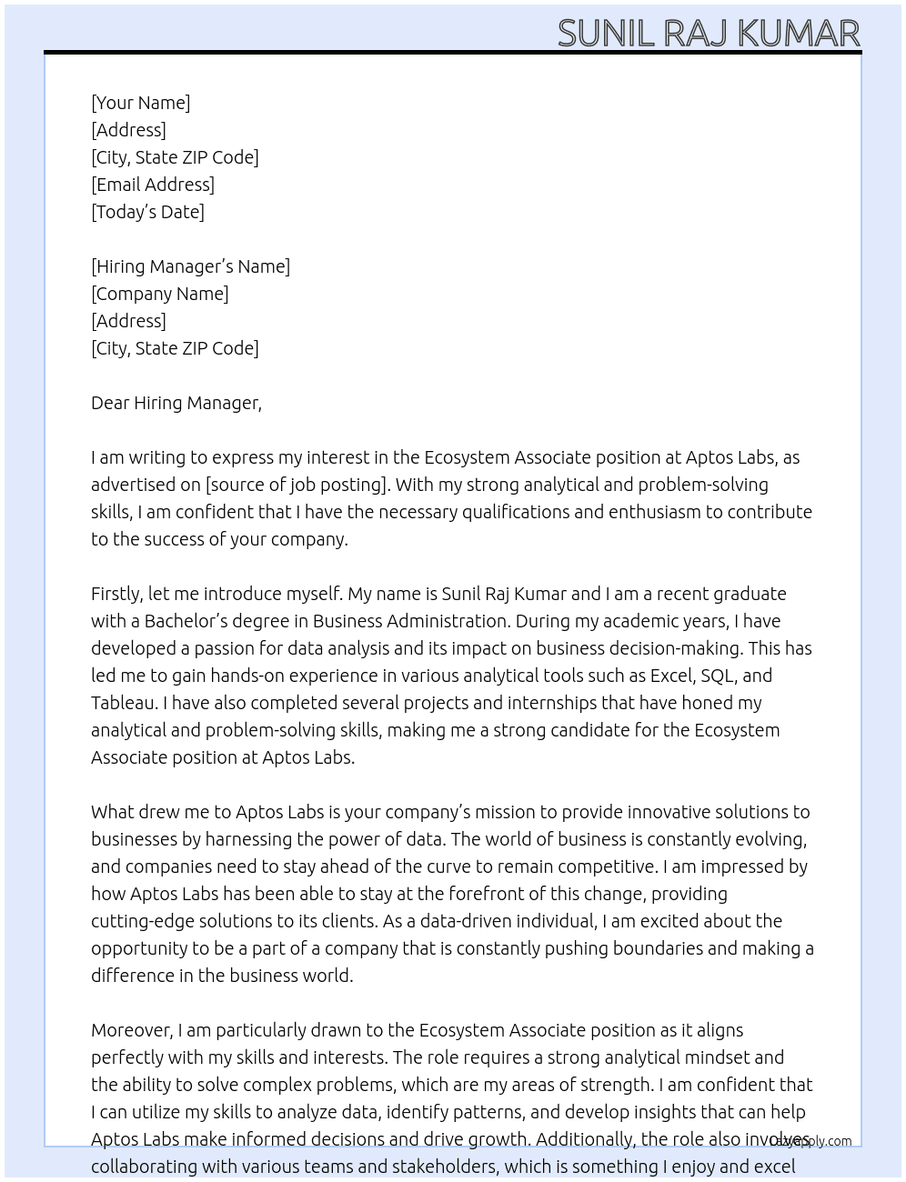 Ecosystem Associate At Aptos Labs Cover Letter