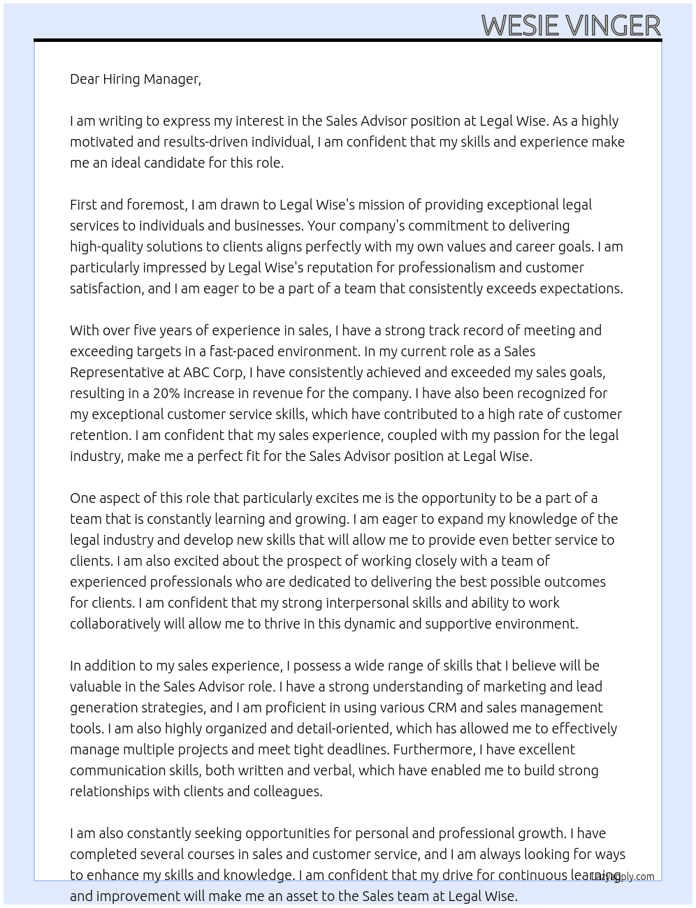 Sales Advisor At Legal Wise Cover Letter