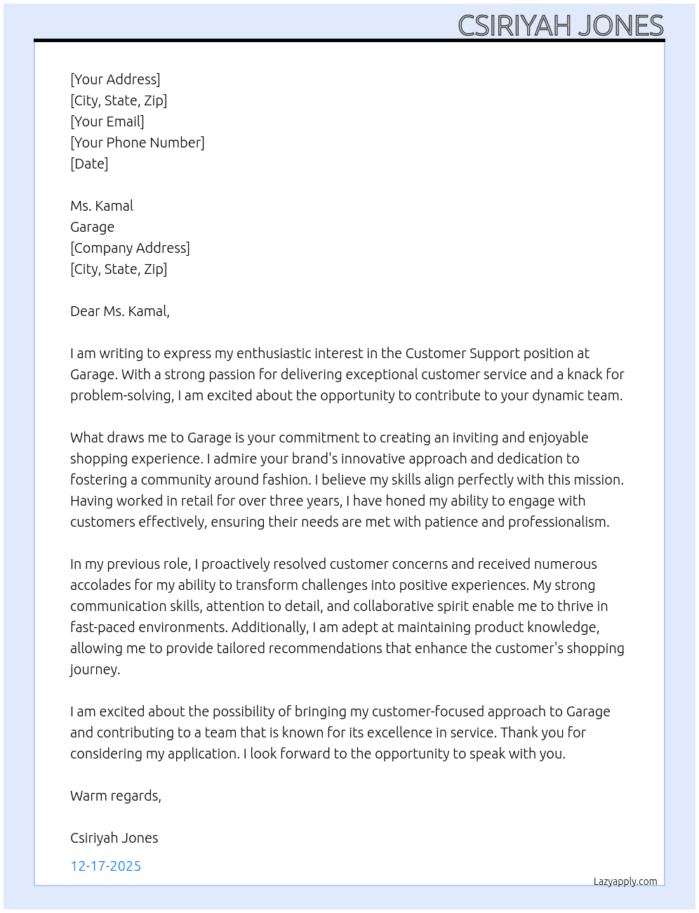 customer support in stores  At Garage Cover Letter