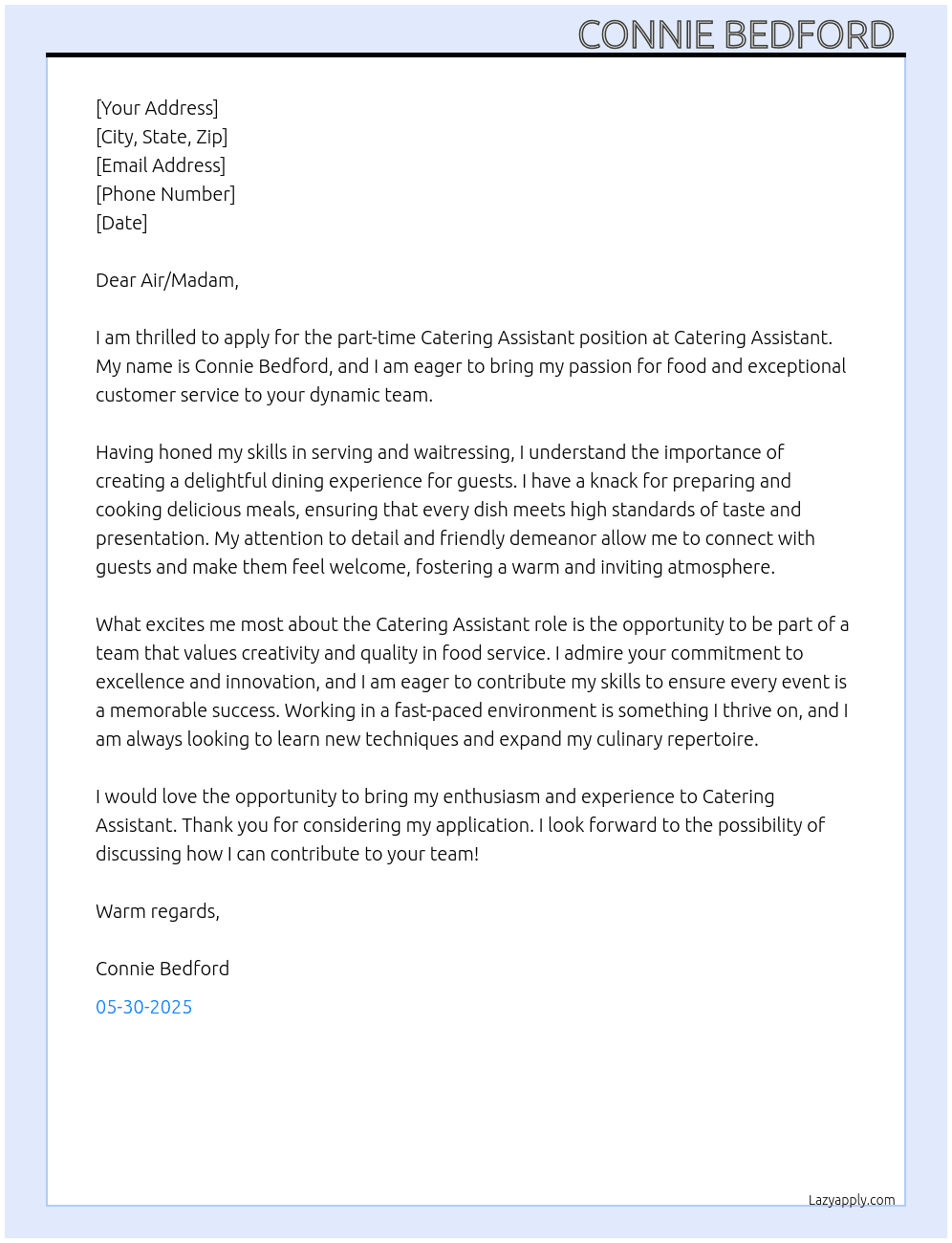 Catering Assistant At Catering assistant Cover Letter