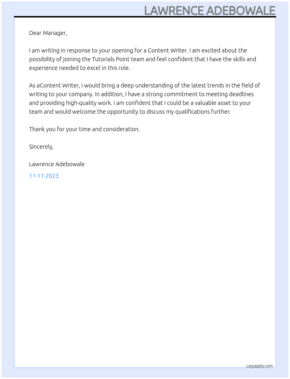 Content writer At Tutorials point Cover Letter