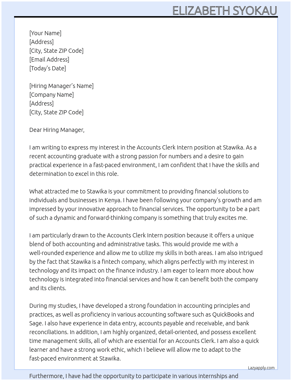 Accounts clerk intern At Stawika Cover Letter
