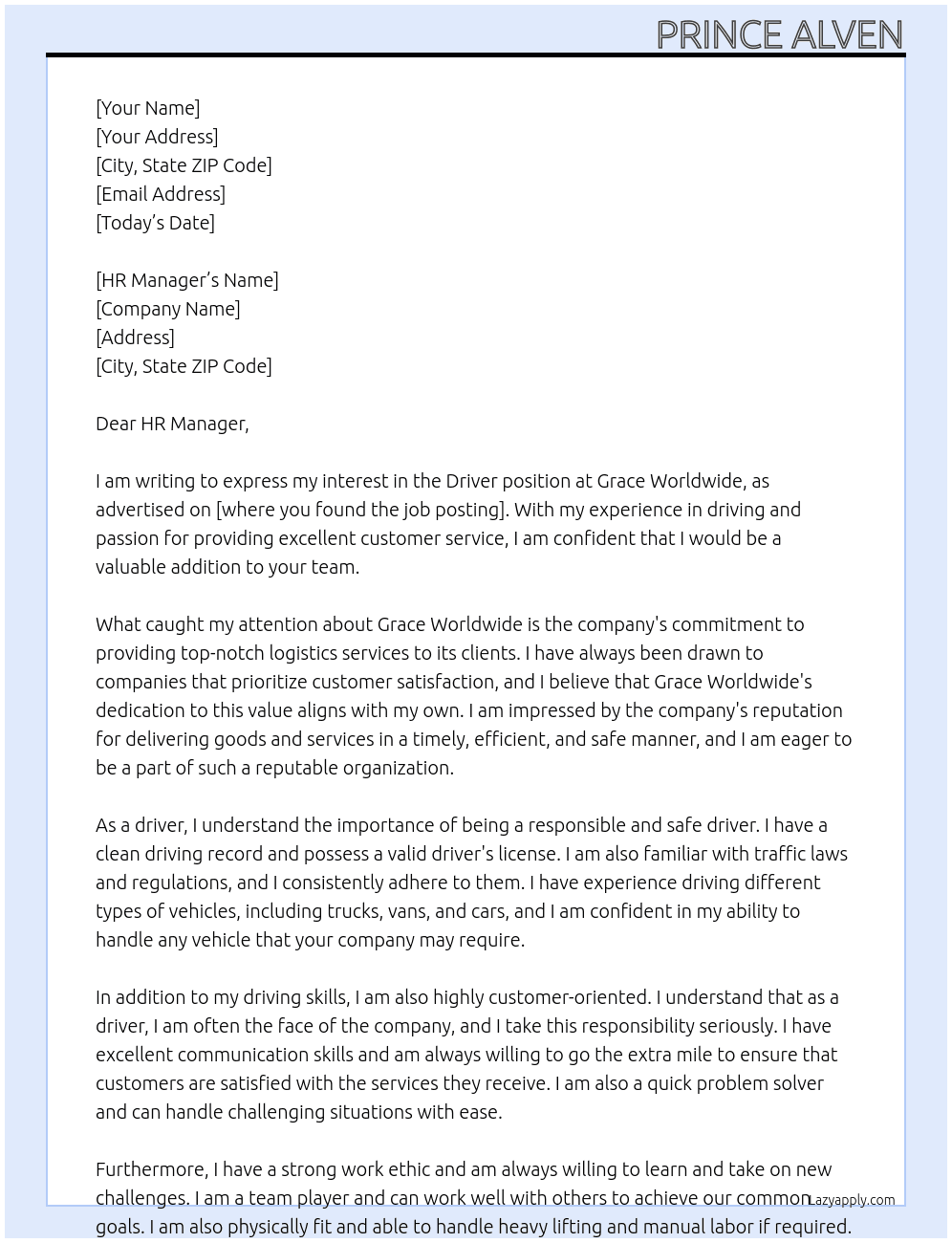 Driver At Grace Worldwide Cover Letter