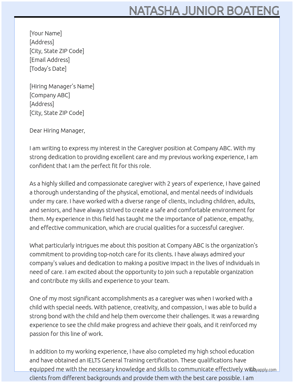 caregiver At Company ABC Cover Letter