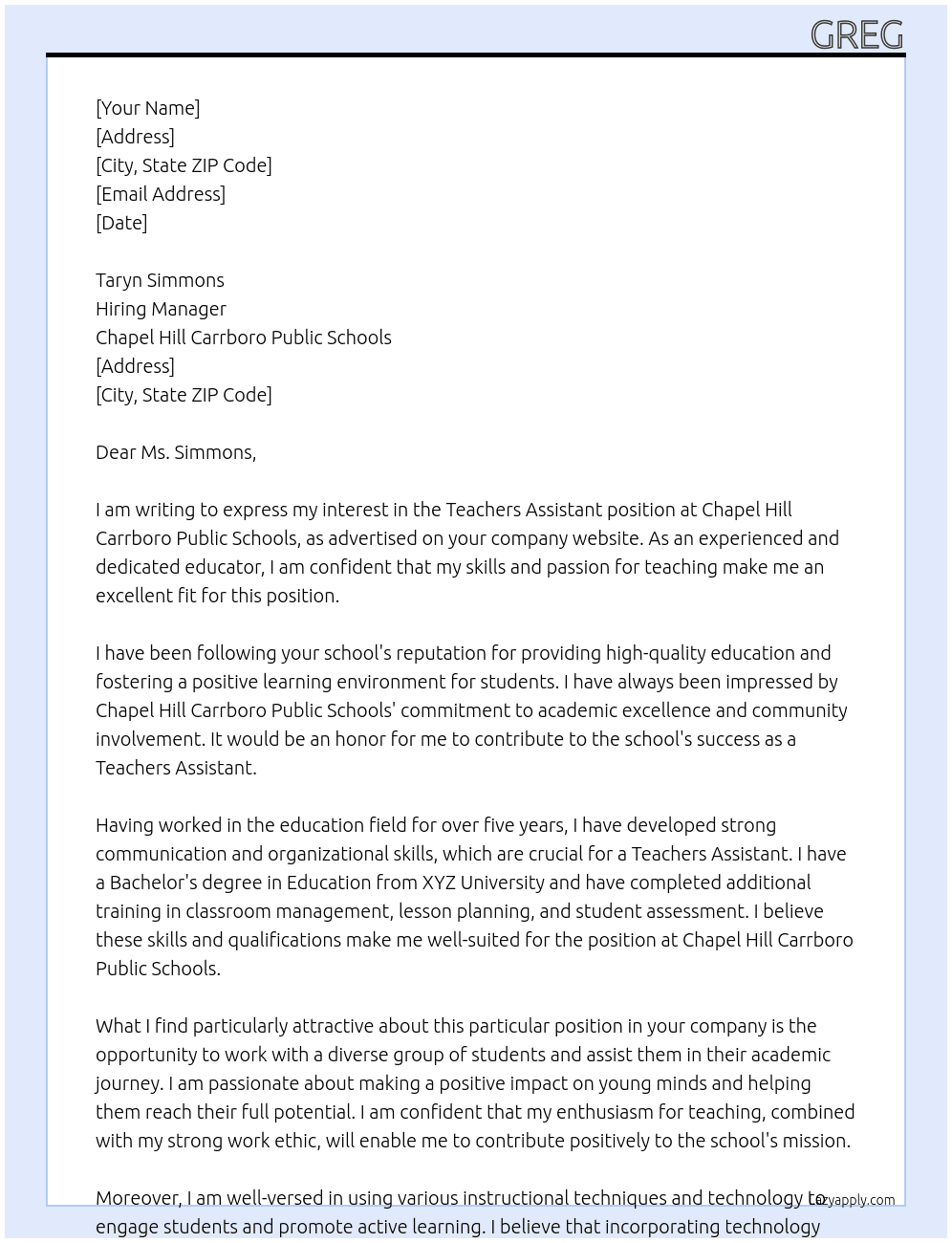 Teachers Assistant At Chapel Hill Carrboro Public Schools Cover Letter