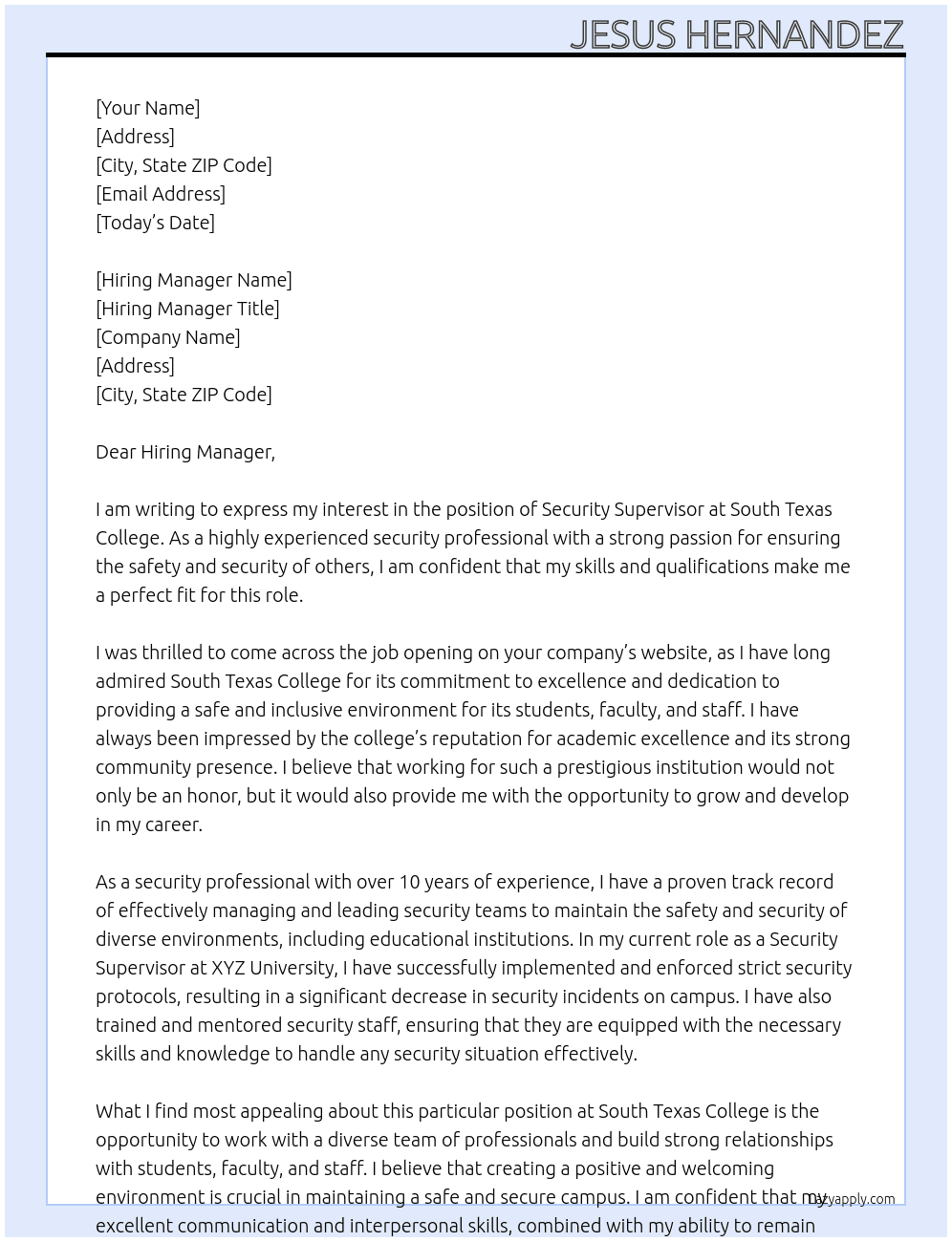Security Supervisor At South Texas College Cover Letter
