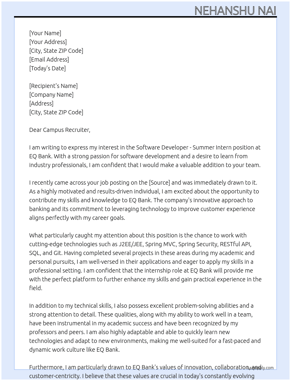 Software developer - Summer Intern At EQ Bank Cover Letter