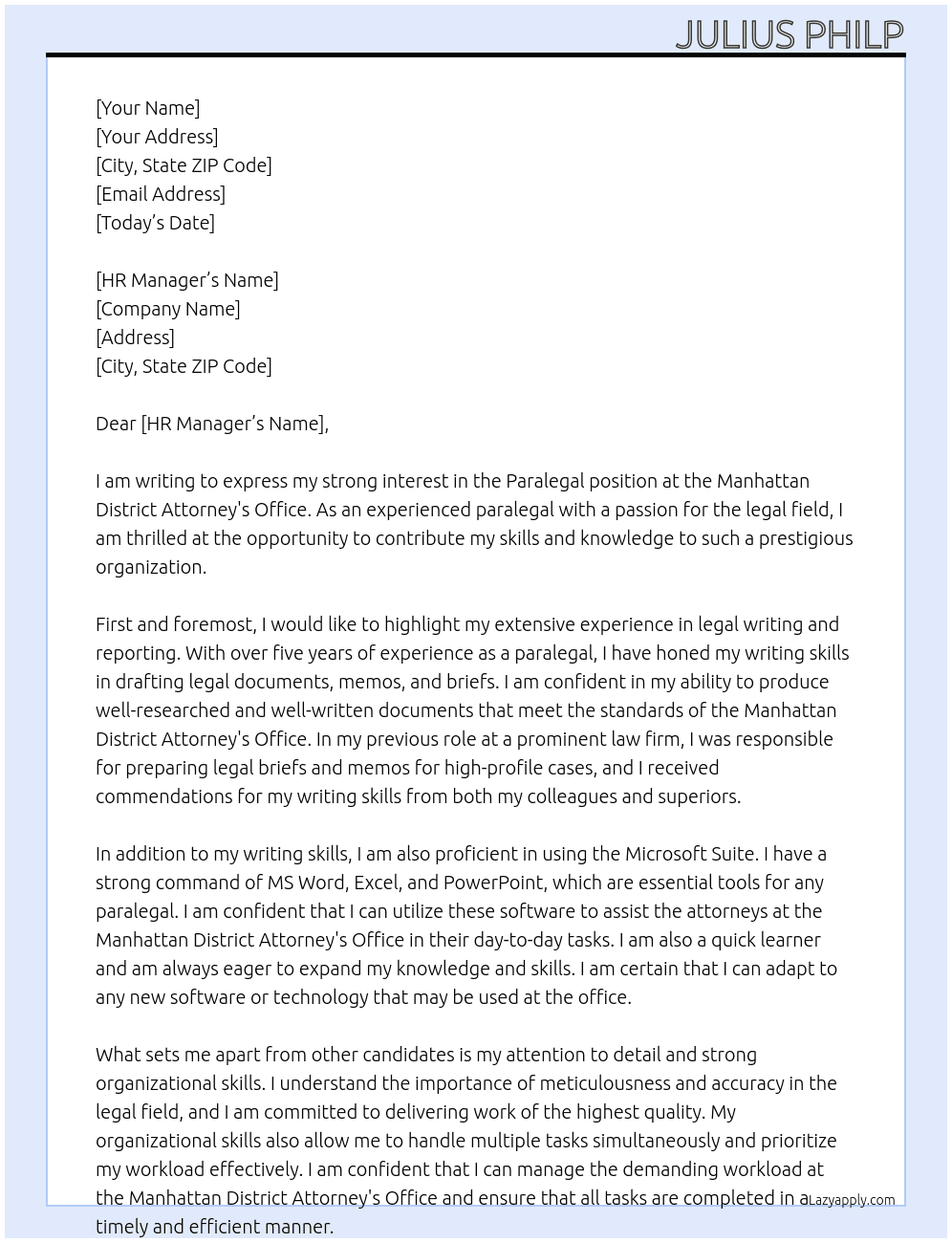 Paralegal At Manhattan District Attorney's Office Cover Letter