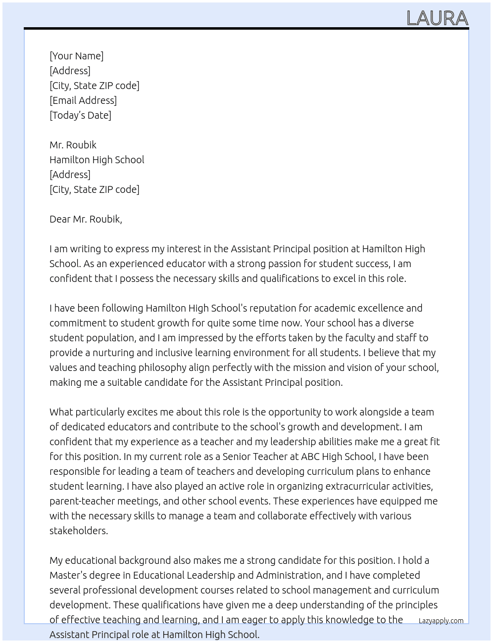 Assistant Principal At Hamilton High School Cover Letter
