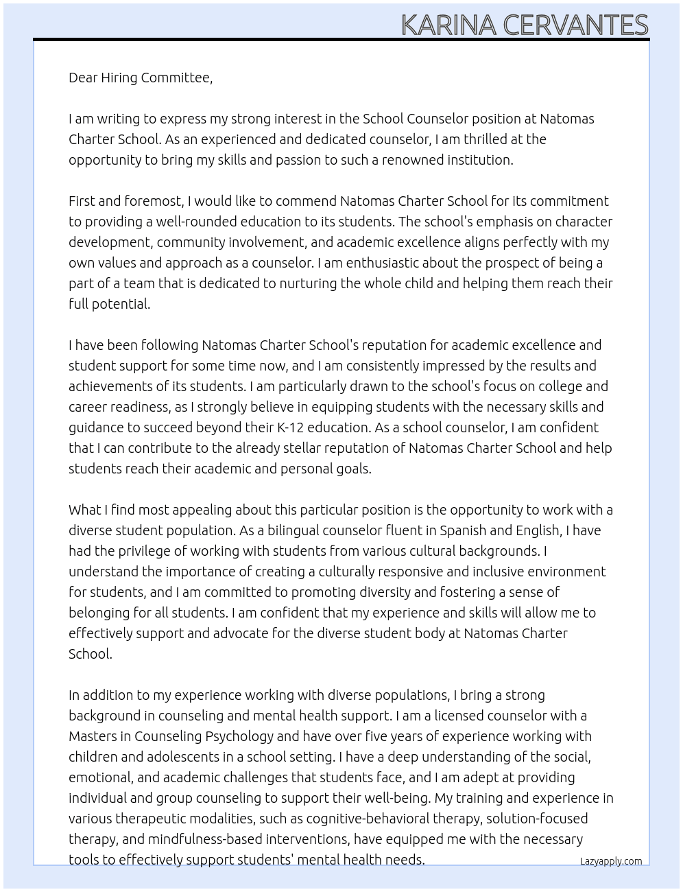 School Counselor At Natomas Charter School Cover Letter