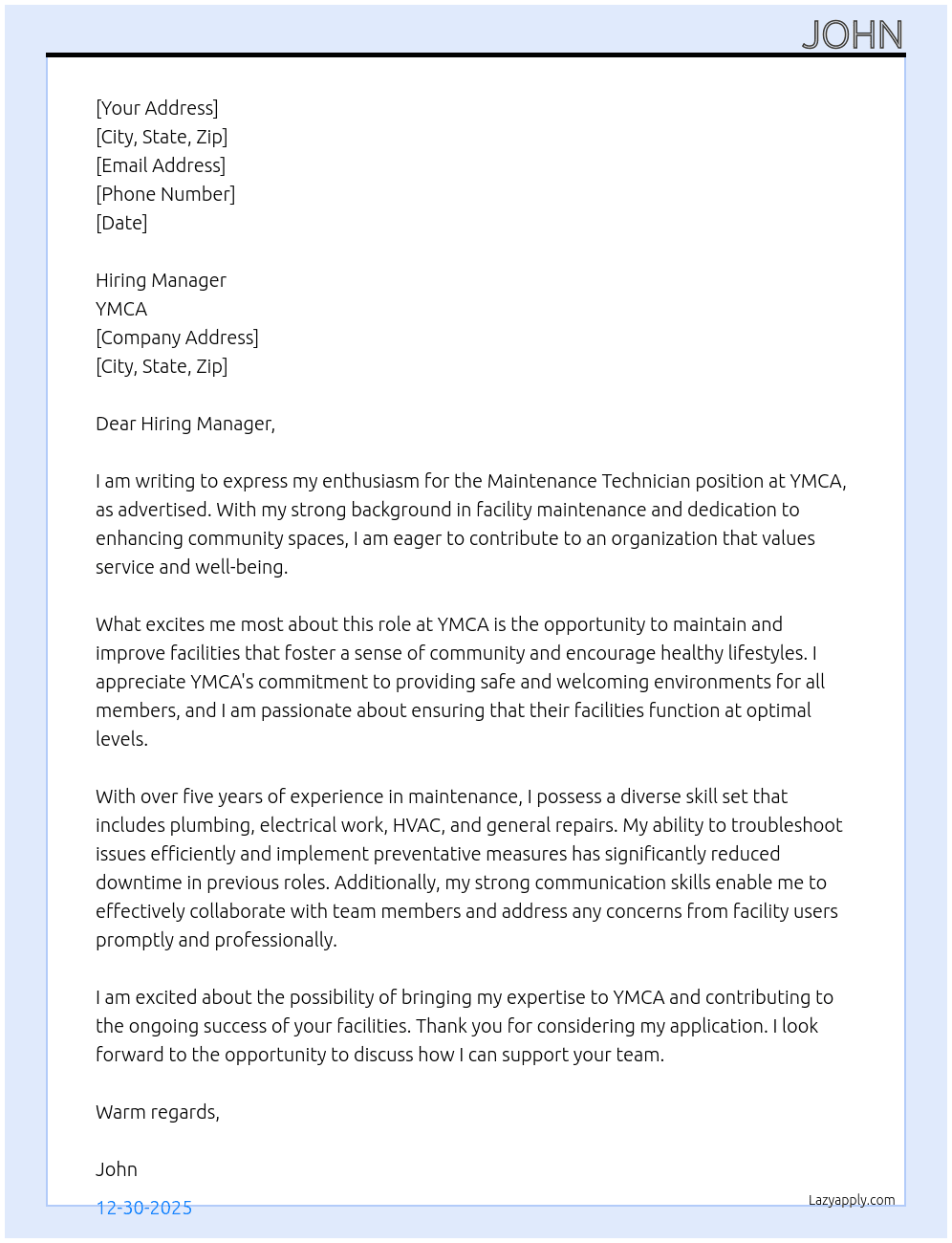 maintenance technician At YMCA Cover Letter