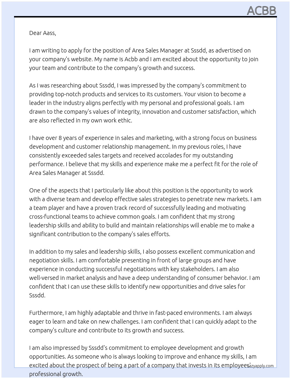 Area Sales Manager At sssdd Cover Letter