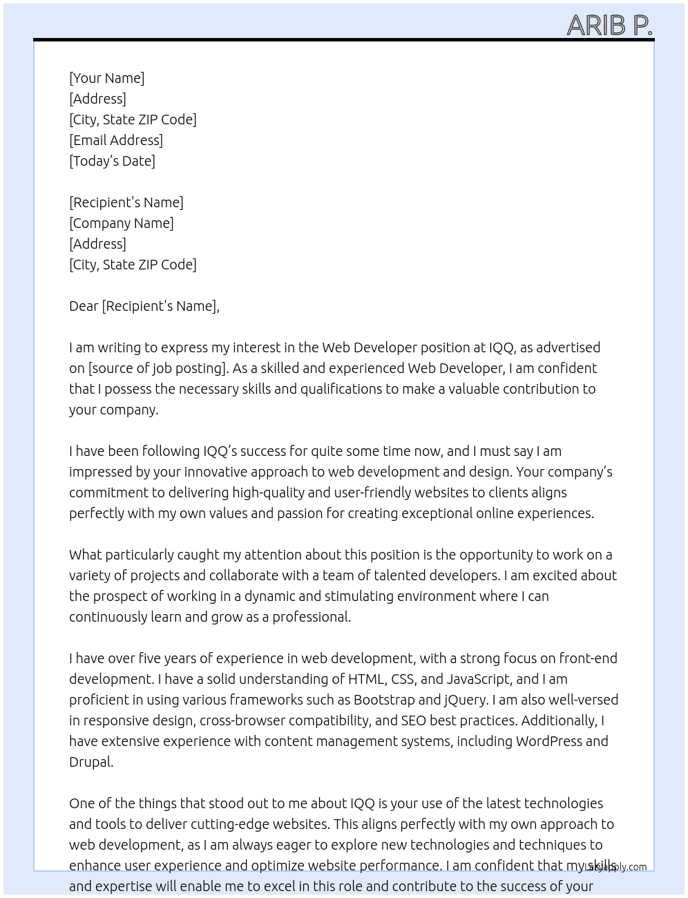Web Developer At IQQ Cover Letter