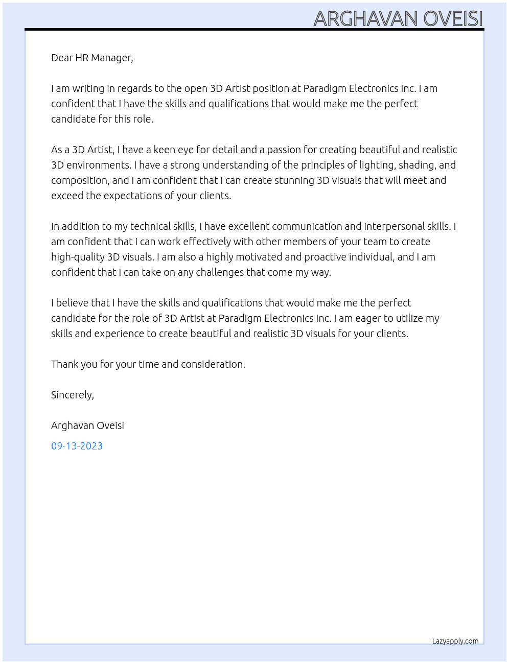 3d Artist At Paradigm Electronics Inc. Cover Letter