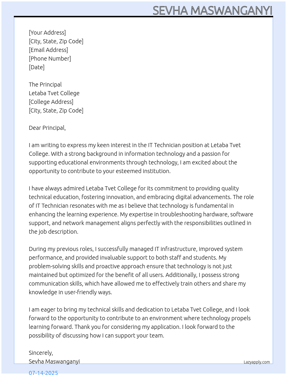 IT Technician At Letaba Tvet College Cover Letter