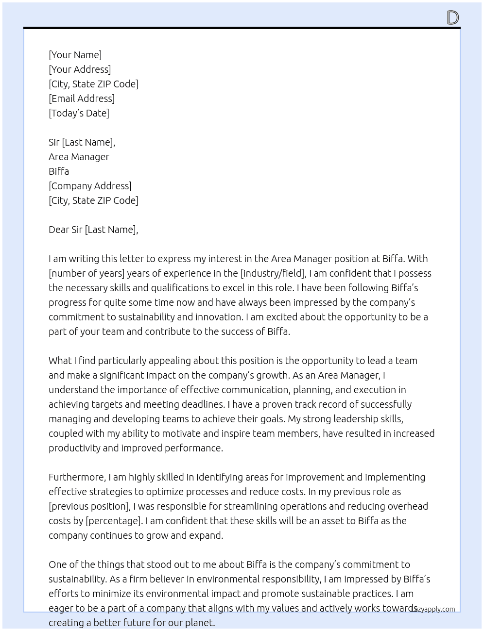 area manager At biffa Cover Letter