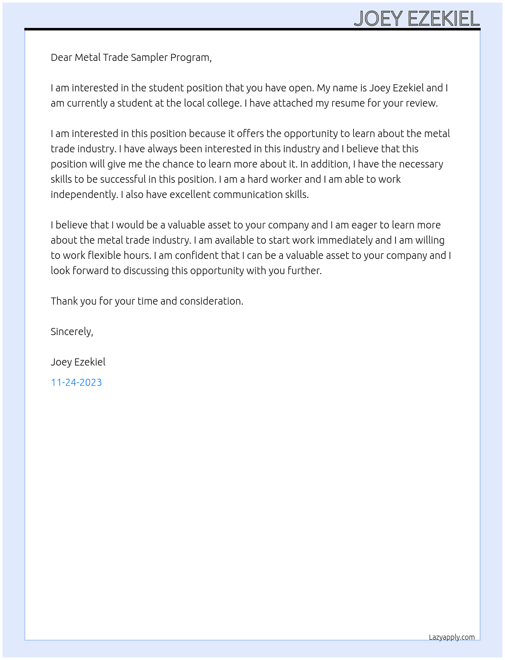 Student At Metal Trade Sampler Program Cover Letter