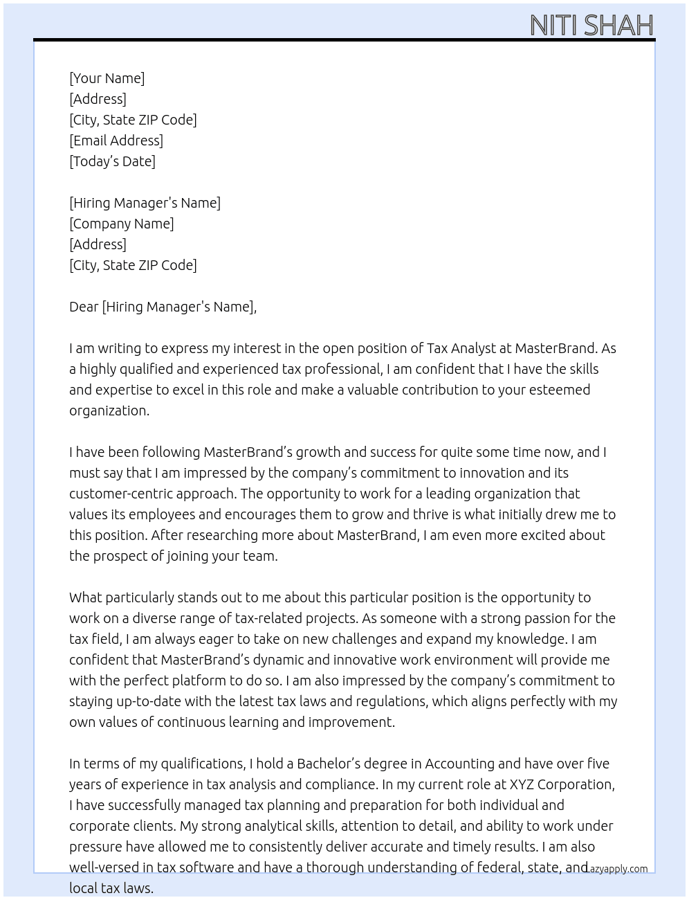 tax analyst At MasterBrand Cover Letter