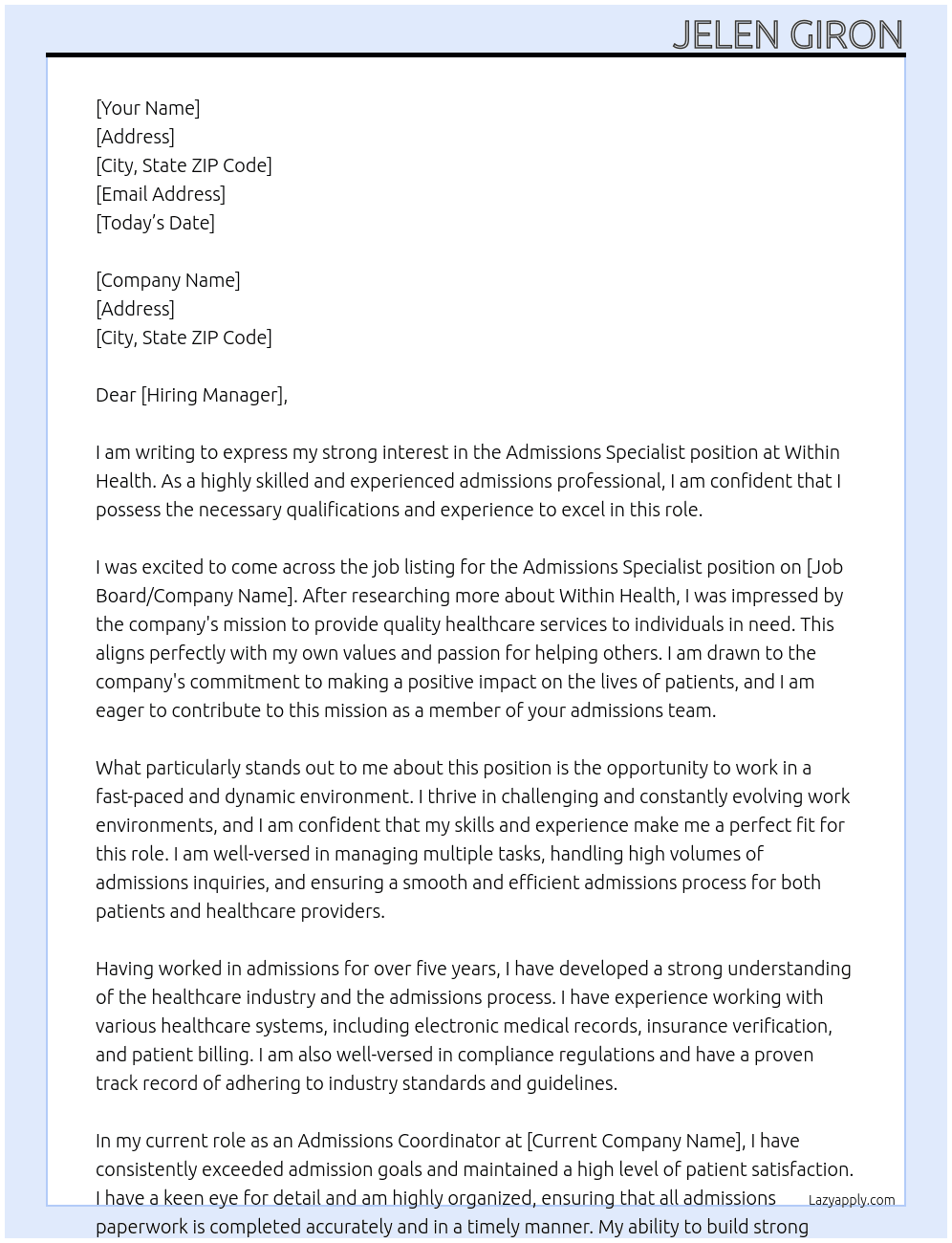Admissions Specialist At Within Health Cover Letter