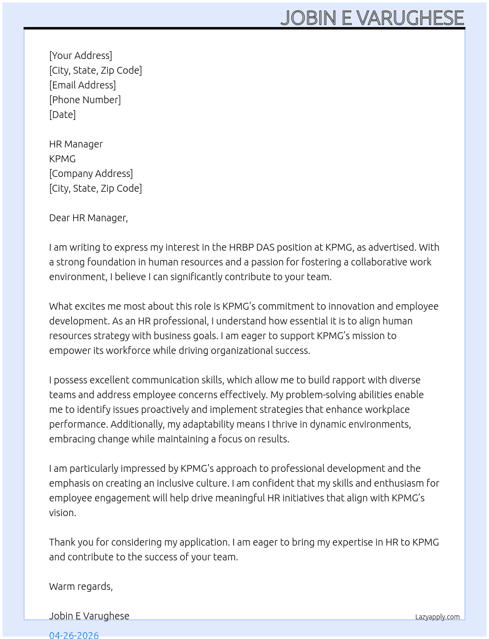HRBP DAS At KPMG Cover Letter
