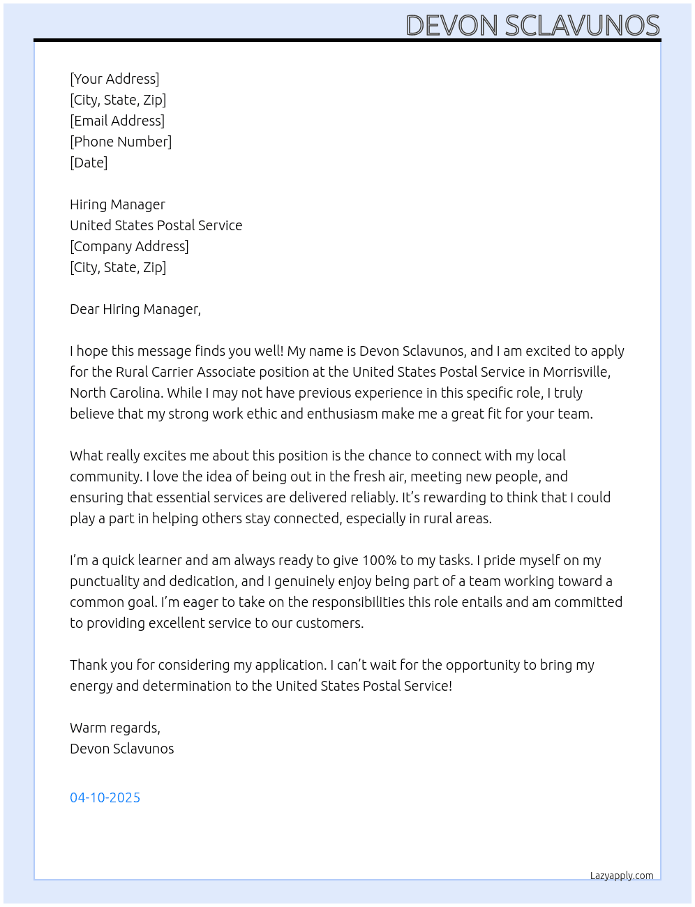 Rural carrier associate  At United State Postal Service Cover Letter