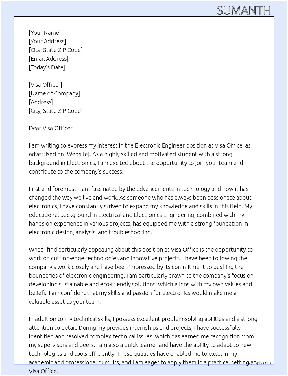Electronic Engineer  At Visa Office  Cover Letter