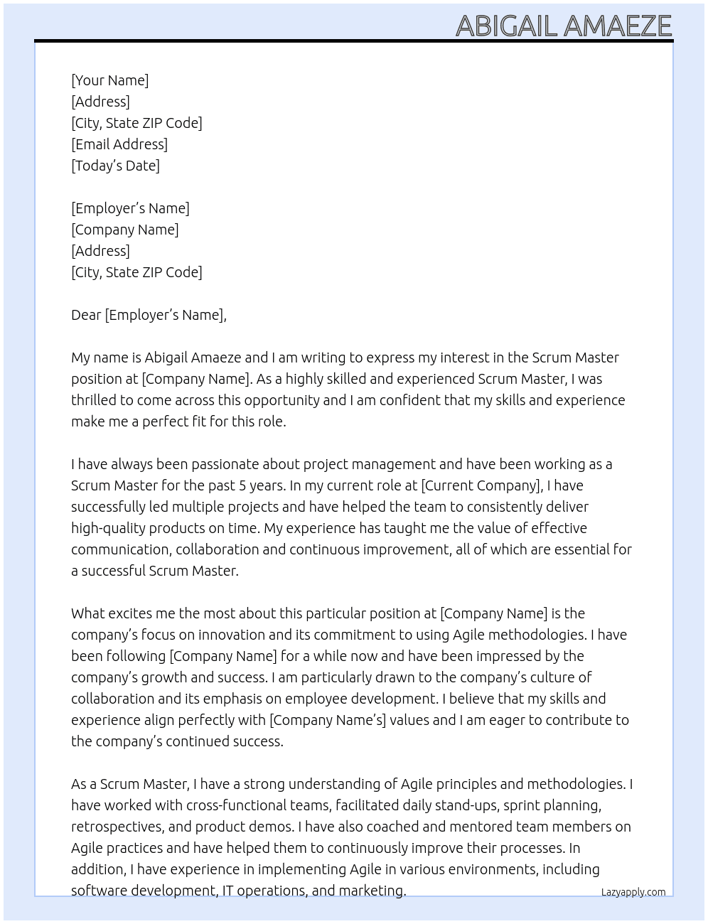 Scrum Master At Abigail Amaeze Cover Letter